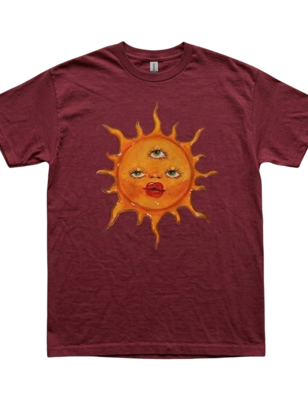 Gildan Maroon Tee with Yellow-Orange Three-Eyed Sun Graphic